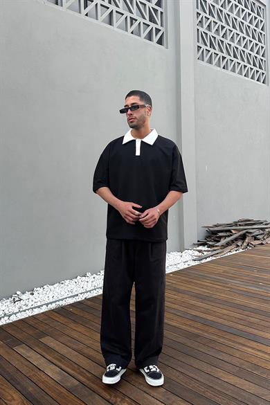 Siyah Basic Polo Yaka OUTPLENTY PREMİUM Oversize Tişört
