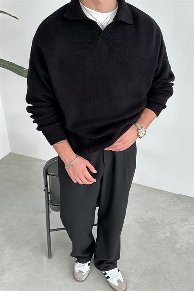 Siyah Basic Polo Yaka Triko Kazak
