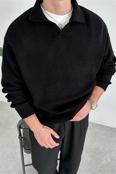 Siyah Basic Polo Yaka Triko Kazak
