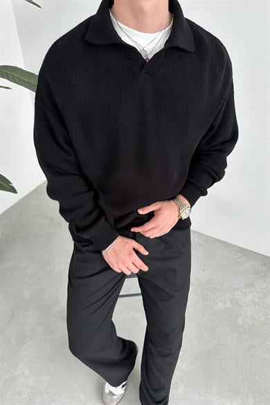 Siyah Basic Polo Yaka Triko Kazak