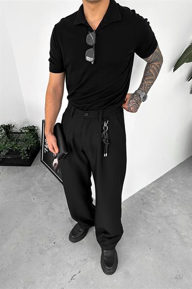 Siyah Basic Polo Yaka Triko Relaxed Tişört