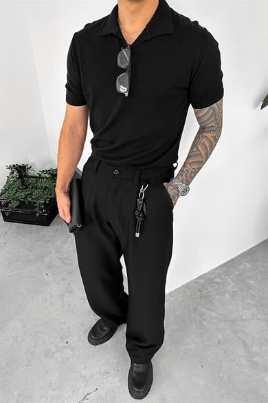 Siyah Basic Polo Yaka Triko Relaxed Tişört