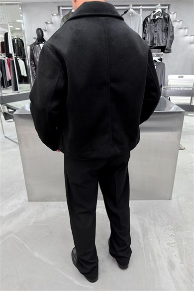 Siyah Basic Premium Diagonel Kaşe Ceket