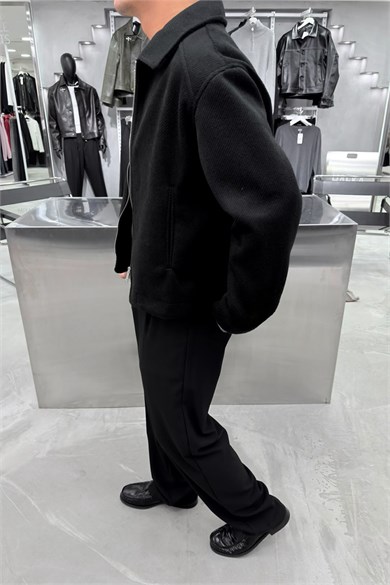 Siyah Basic Premium Diagonel Kaşe Ceket