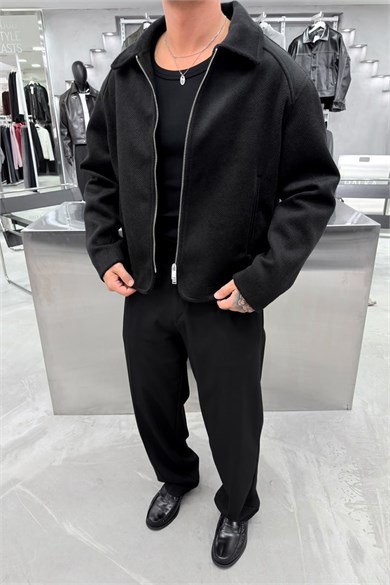 Siyah Basic Premium Diagonel Kaşe Ceket