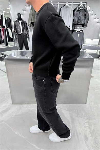 Siyah Basic Premium Düğme Detaylı Boxy Fit Kazak