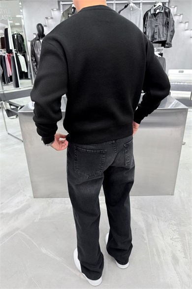 Siyah Basic Premium Düğme Detaylı Boxy Fit Kazak