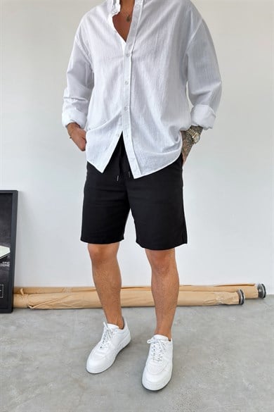 Siyah Basic Relax Fit Keten Şort