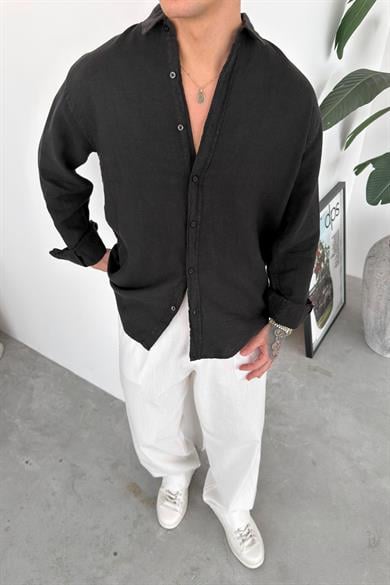 Siyah Basic Relaxed Ham Keten Gömlek