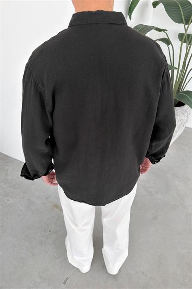 Siyah Basic Relaxed Ham Keten Gömlek