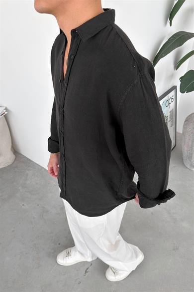Siyah Basic Relaxed Ham Keten Gömlek