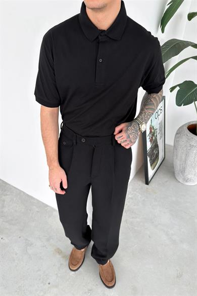 Siyah Basic Relaxed Polo Yaka Tişört