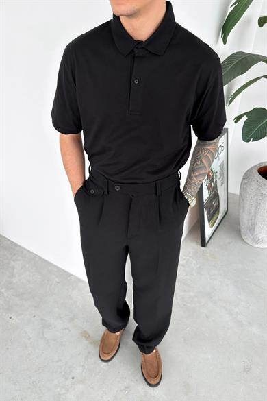 Siyah Basic Relaxed Polo Yaka Tişört