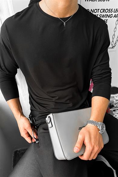 Siyah Basic Soft Likralı Relax Fit Uzun Kollu Tişört