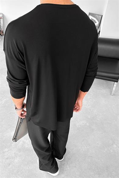 Siyah Basic Soft Likralı Relax Fit Uzun Kollu Tişört