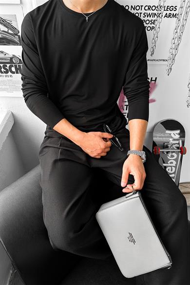 Siyah Basic Soft Likralı Relax Fit Uzun Kollu Tişört