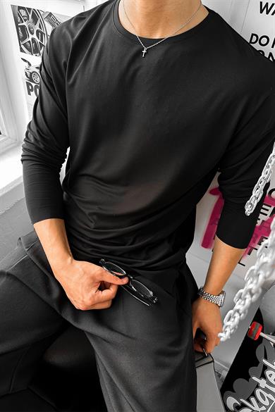Siyah Basic Soft Likralı Relax Fit Uzun Kollu Tişört