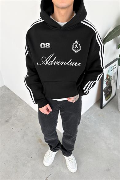 Siyah Baskılı Şerit Detay Oversize Sweatshirt