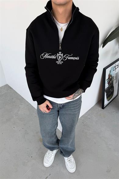 Siyah Baskılı Yarım Fermuar Oversze Sweatshirt