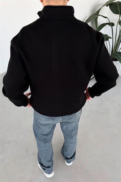 Siyah Baskılı Yarım Fermuar Oversze Sweatshirt