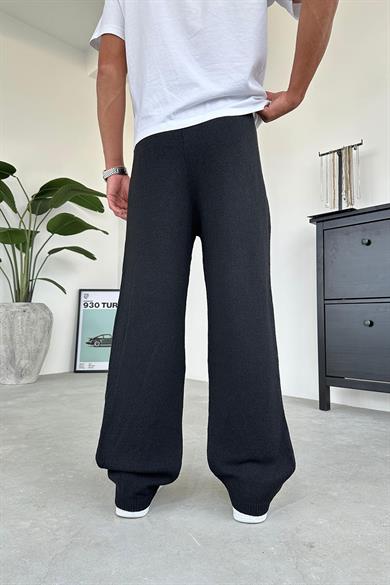 Siyah Beli İp Detay Örme Baggy Pantolon