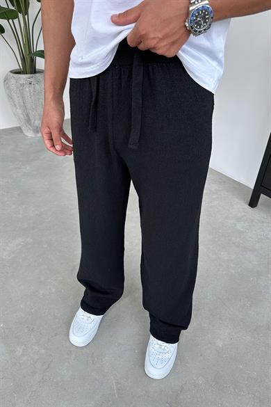 Siyah Beli İp Detay Örme Baggy Pantolon