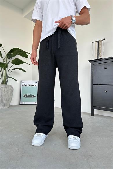 Siyah Beli İp Detay Örme Baggy Pantolon