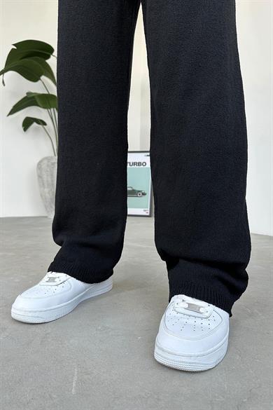 Siyah Beli İp Detay Örme Baggy Pantolon