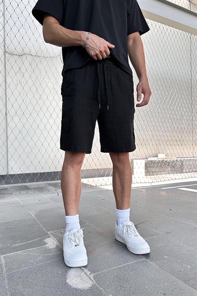Siyah Beli İp Detaylı Dokulu Keten DL Relaxed Fit Şort