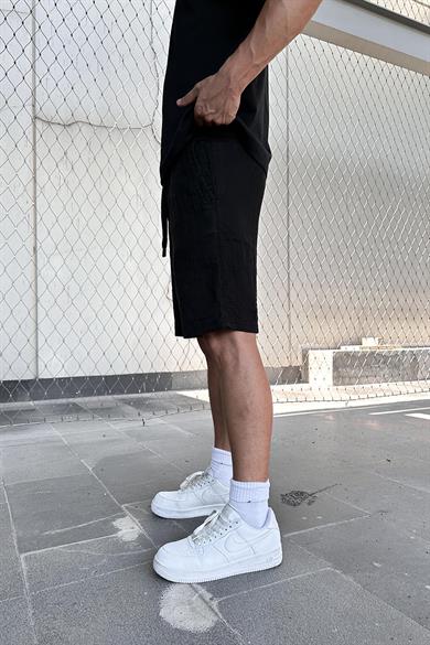 Siyah Beli İp Detaylı Dokulu Keten DL Relaxed Fit Şort
