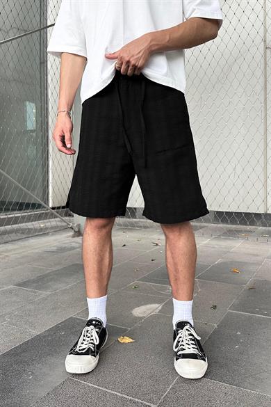Siyah Beli İp Detaylı Dokulu Keten GO Relaxed Fit Şort