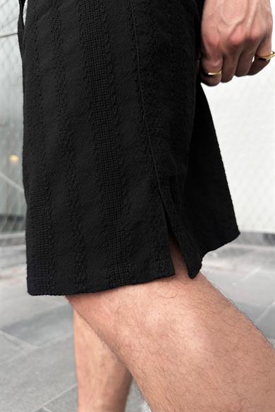 Siyah Beli İp Detaylı Dokulu Keten GO Relaxed Fit Şort