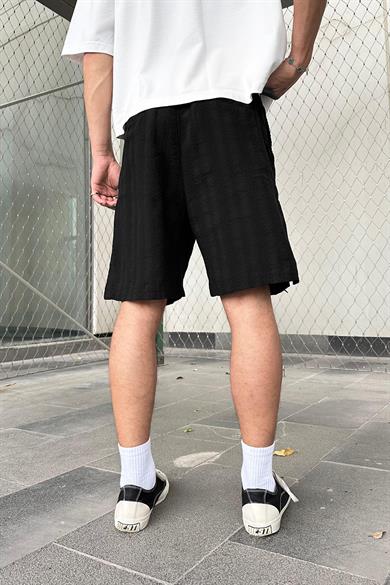 Siyah Beli İp Detaylı Dokulu Keten GO Relaxed Fit Şort
