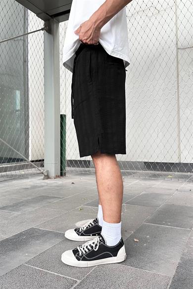 Siyah Beli İp Detaylı Dokulu Keten GO Relaxed Fit Şort