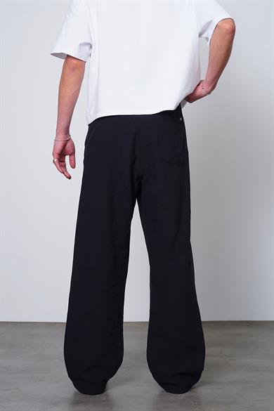 Siyah Beli İp Detaylı Keten 005 EE Relaxed Pantolon