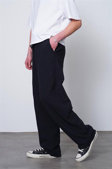Siyah Beli İp Detaylı Keten 005 EE Relaxed Pantolon