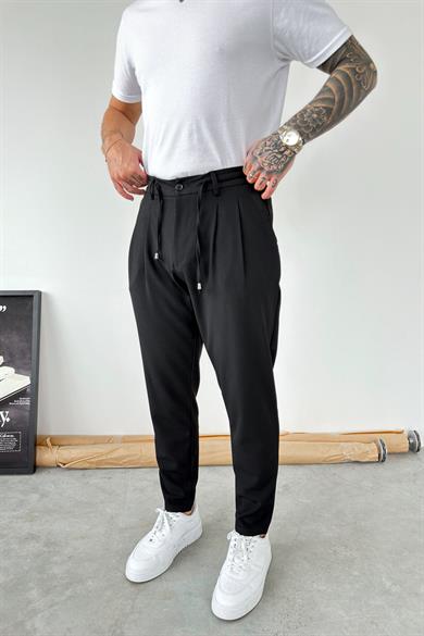Siyah Beli İp Detaylı Regular Fit Kumaş Pantolon
