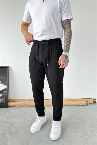 Siyah Beli İp Detaylı Regular Fit Kumaş Pantolon
