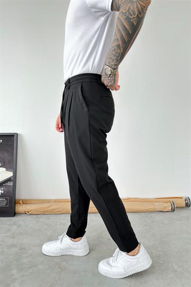 Siyah Beli İp Detaylı Regular Fit Kumaş Pantolon