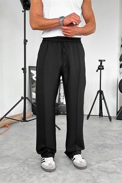 Siyah Beli İpli Çımalı Relaxed Pantolon