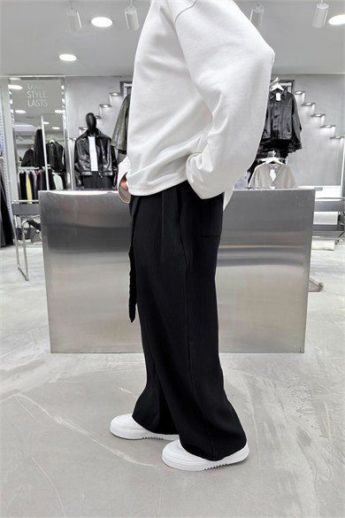 Siyah Beli Kuşaklı Fitilli Süper Baggy Pantolon