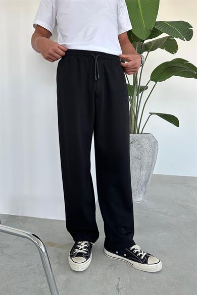Siyah Beli Lastik Detay Gabardin Baggy Pantolon