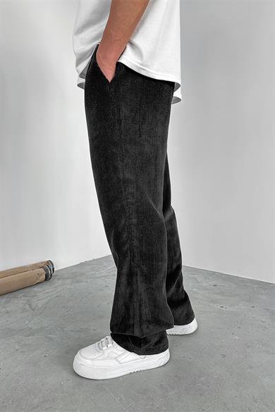 Siyah Beli Lastikli Ayarlanabilir Kadife Baggy Pantolon