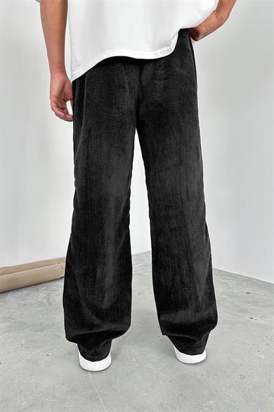 Siyah Beli Lastikli Ayarlanabilir Kadife Baggy Pantolon
