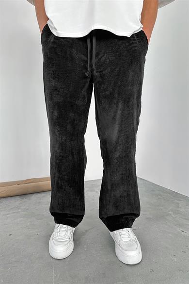 Siyah Beli Lastikli Ayarlanabilir Kadife Baggy Pantolon