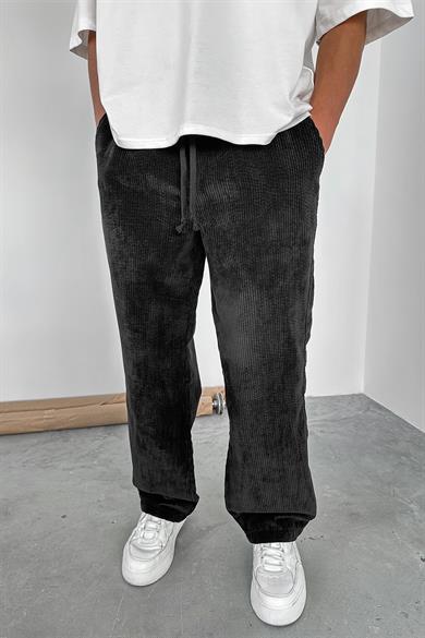 Siyah Beli Lastikli Ayarlanabilir Kadife Baggy Pantolon