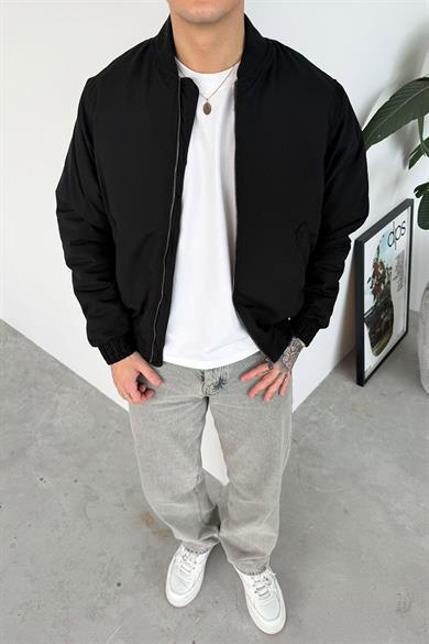 Siyah Beli Lastikli Bomber Ceket