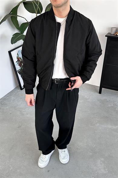 Siyah Beli Lastikli Bomber Ceket