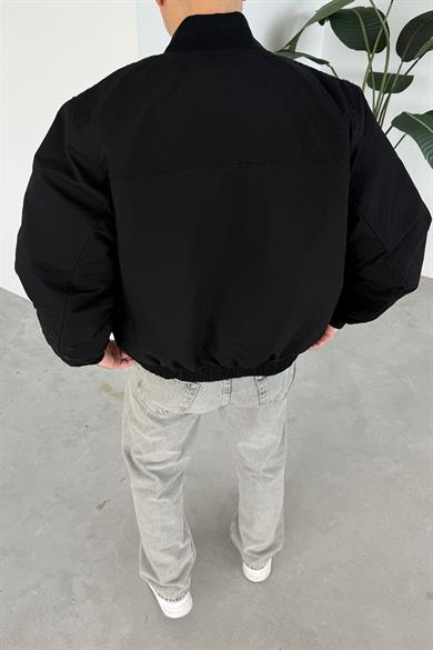 Siyah Beli Lastikli Bomber Ceket