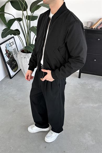 Siyah Beli Lastikli Bomber Ceket